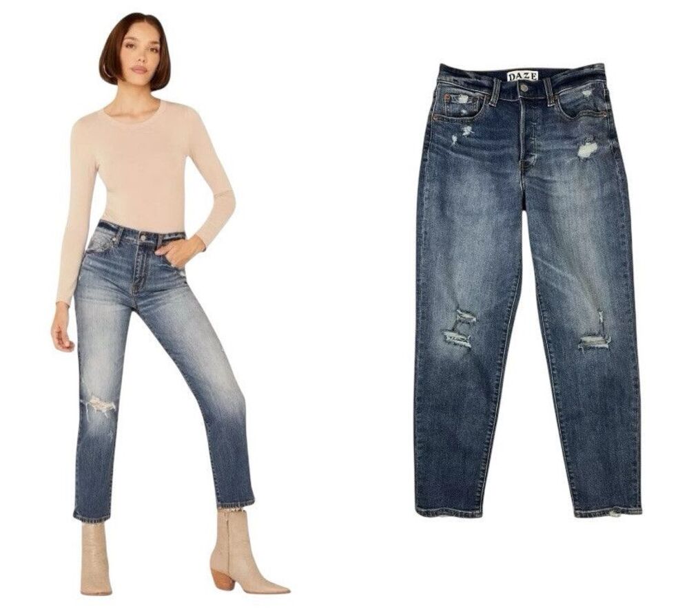 DAZE Just Right Tapered Button-Fly High Waist Distressed Crop Jeans Size 27